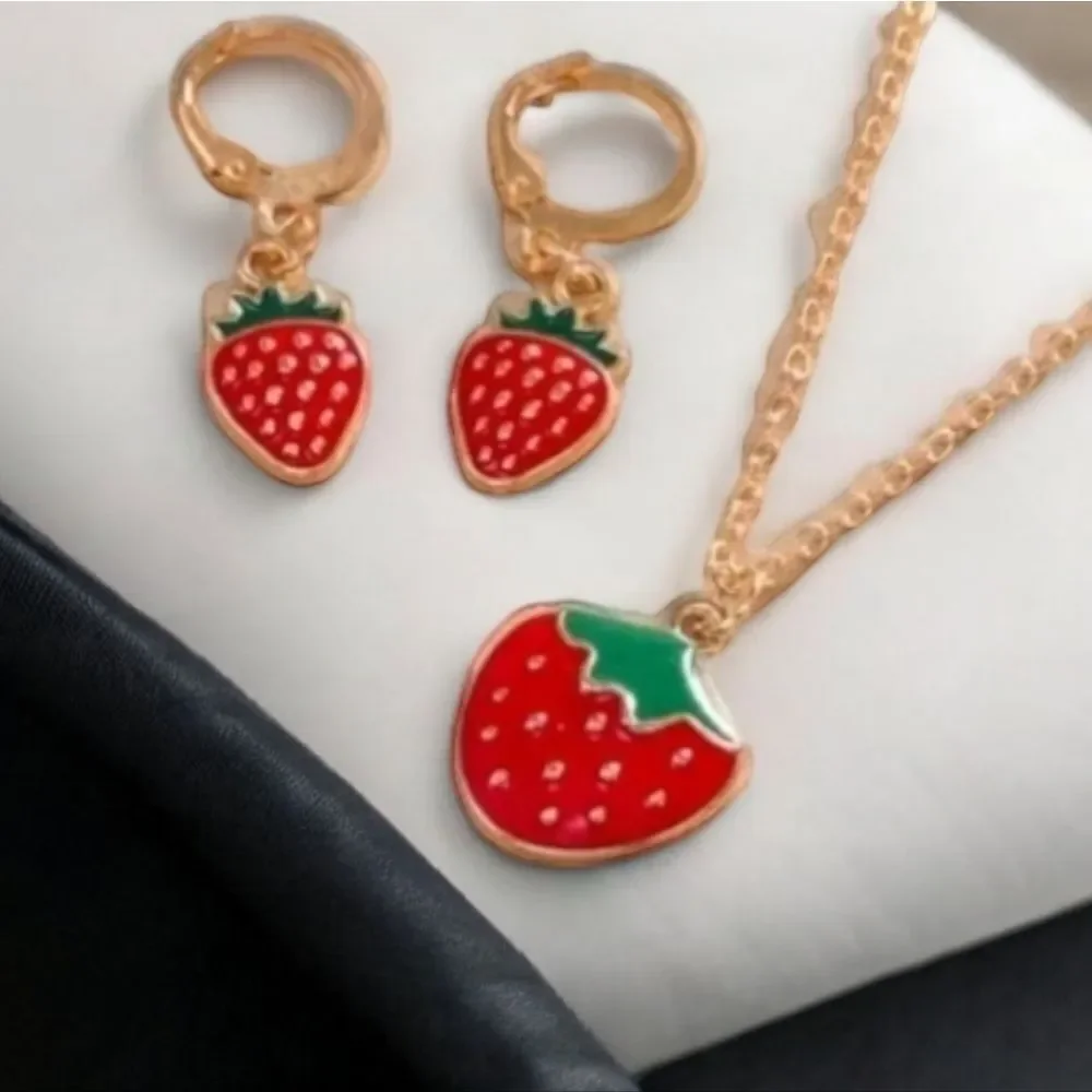 Girls Red Seeded Strawberry Jewelry Set Necklace Pierced Earrings Leverback Hoop
